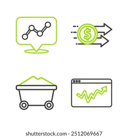 Set line Graph chart infographic, Coal mine trolley, Financial growth dollar and  icon. Vector