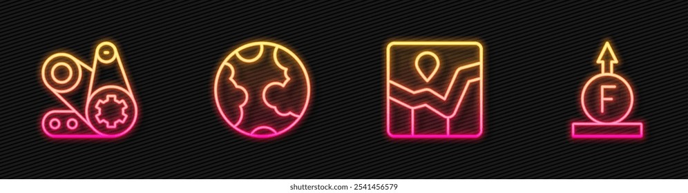 Set line Graph chart infographic, Timing belt kit, Earth globe and Force of physic formula. Glowing neon icon. Vector