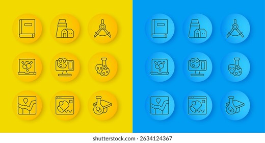 Set line Graph chart infographic, Chemical formula, Genetic engineering, Graduation cap, Test tube with toxic liquid, Science book, Drawing compass and Power station plant icon. Vector