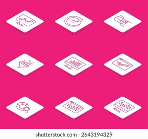 Set line Graph chart infographic, Digital speed meter, Pie, Sales funnel with, Monitor, Search data analysis and Browser stocks market icon. Vector