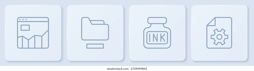 Establecer infografía de gráfico de línea, Inkwell, carpeta de documentos y Configuraciones. Botón cuadrado blanco. Vector