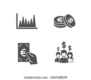 Set of Line graph, Finance and Savings icons. Salary employees sign. Market diagram, Eur cash, Cash coins. People earnings.  Quality design elements. Classic style. Vector