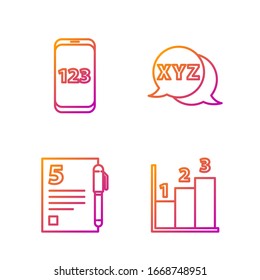 Set line Graph, schedule, chart, diagram, Open book, Book with word mathematics and Calculator. Gradient color icons. Vector