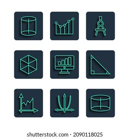 Set line Graph, schedule, chart, diagram, Geometric figure Cylinder, Drawing compass, Computer monitor with graph, Cube,  and Triangle math icon. Vector