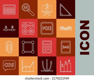 Set line Graph, schedule, chart, diagram, Calculation, Mobile calculator interface, XYZ Coordinate system, Square root, Test exam sheet, Chalkboard and Equation solution icon. Vector