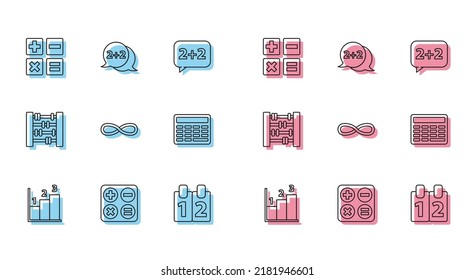 Set line Graph, schedule, chart, diagram, Square root, Feather and inkwell, Mathematics function cosine, Function mathematical symbol, Chalkboard,  and Geometric figure Cone icon. Vector