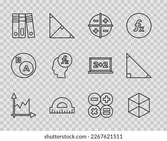 Set line Graph, schedule, chart, diagram, Geometric figure Cube, XYZ Coordinate system, Protractor, Office folders, Function mathematical symbol, Calculator and Triangle icon. Vector