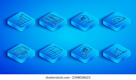 Set line Graph, schedule, chart, diagram, Office folders, Square root of x glyph, Geometric figure Cylinder, Protractor, Certificate template and  icon. Vector