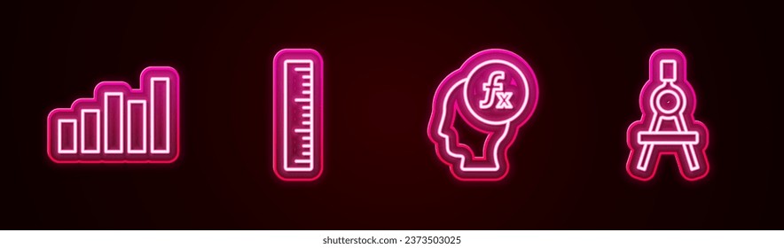Set line Graph, schedule, chart, diagram, Ruler, Function mathematical symbol and Drawing compass. Glowing neon icon. Vector