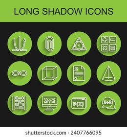 Set line Graph, schedule, chart, diagram, Ringing bell, Geometric figure Pentagonal prism, Cone, Function mathematical symbol,  and Infinity icon. Vector