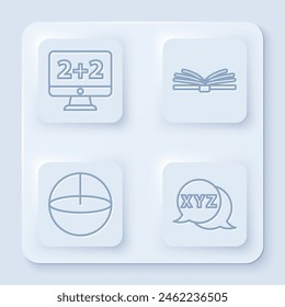 Set line Graph, schedule, chart, diagram, Mobile calculator interface, Calculator and Calculator. White square button. Vector