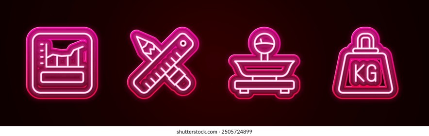 Set line Graph, schedule, chart, diagram, Crossed ruler and pencil, Scales and Weight. Glowing neon icon. Vector