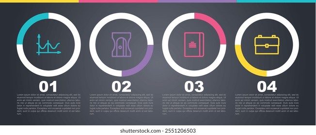 Set line Graph, schedule, chart, diagram, Pencil sharpener, Spiral notebook and School backpack. Business infographic template. Vector