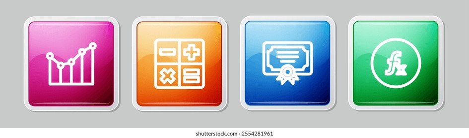 Set line Graph, schedule, chart, diagram, Calculator, Certificate template and Function mathematical symbol. Colorful square button. Vector