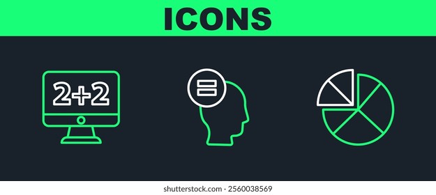 Set line Graph, schedule, chart, diagram, Equation solution and Calculation icon. Vector