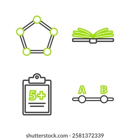 Set line Graph, schedule, chart, diagram, Test or exam sheet, Open book and Geometric figure Pentagonal prism icon. Vector