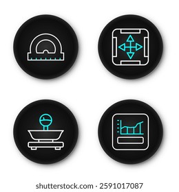 Set line Graph, schedule, chart, diagram, Scales, Area measurement and Protractor icon. Vector