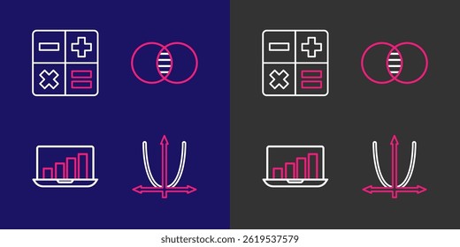 Set line Graph, schedule, chart, diagram, Laptop with graph, Mathematics sets A and B and Calculator icon. Vector