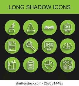 Definir linha Gráfico, programação, gráfico, diagrama, função matemática seno, Quadro-negro, Ábaco, raiz quadrada, Clipe de papel e ícone. Vetor