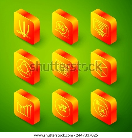 Set line Graph, schedule, chart, diagram, Discount percent tag, Certificate template, Triangle math, Calculator, Geometric figure Cube,  and Square root of x glyph icon. Vector