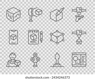 Set line Diseñador gráfico, software de impresora 3D, herramienta de lápiz 3D, escáner, cubo isométrico, boceto en papel, modelo e icono de la casa. Vector