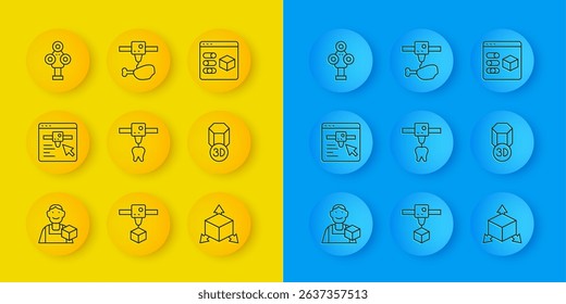 Set line Graphic designer, 3D printer setting, tooth, Isometric cube, scanner,  and chicken leg icon. Vector