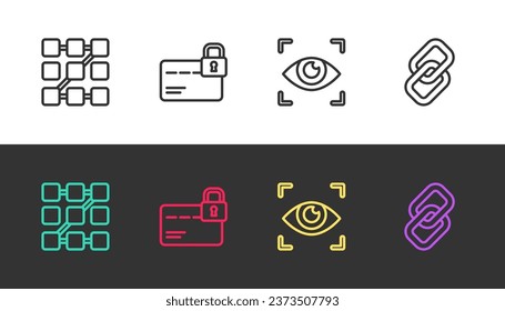 Establecer la protección de contraseña gráfica, tarjeta de crédito con bloqueo, exploración ocular y enlace de cadena en blanco y negro. Vector