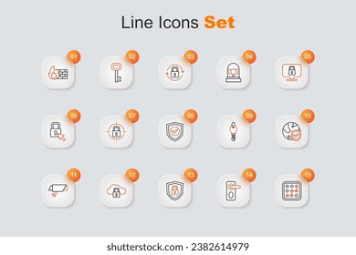 Set line Graphic password protection, Fingerprint door lock, Shield security with, Cloud computing, Security camera, world globe, Key and check mark icon. Vector