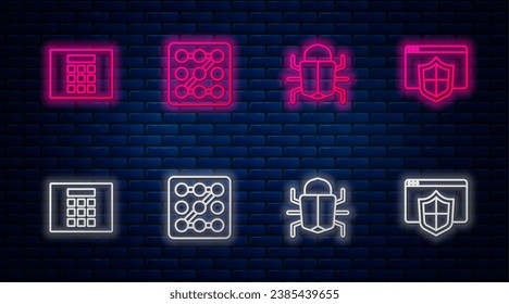 Set line Graphic password protection, System bug, Password and Browser with shield. Glowing neon icon on brick wall. Vector