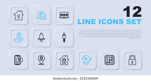 Set line Graphic password protection, Lock, Ringing alarm bell,  and House under icon. Vector