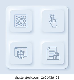 Set line Graphic password protection, Fingerprint, Browser with shield and Document and lock. White square button. Vector