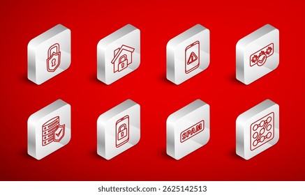 Set line Graphic password protection, House under, Mobile with exclamation mark, Password, Spam, Lock, closed padlock and Server shield icon. Vector