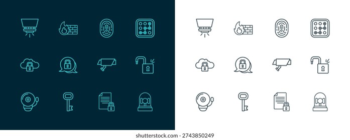 Set line Graphic password protection, Old key, Security camera, Document and lock, Lock, Fingerprint, Fire sprinkler system and Firewall, security wall icon. Vector