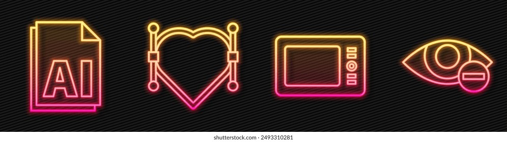 Set line Graphic tablet, AI file document, Heart with Bezier curve and Red eye effect. Glowing neon icon. Vector