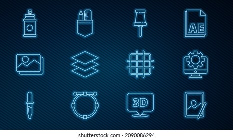 Set line Graphic tablet, Computer monitor and gear, Push pin, Layers, Picture landscape, Paint spray can, Grid graph paper and Crossed ruler pencil icon. Vector