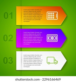 Set Line Graphic Tablet, Elektrische Steckdose, Lieferung Lastwagen und Roboter Arm Fabrik Roboter. Infografik-Vorlage für Unternehmen. Vektorgrafik