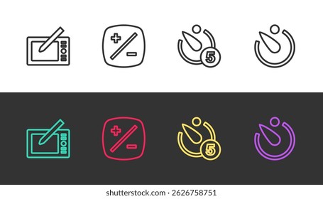 Set line Graphic tablet, Exposure compensation, Camera timer and  on black and white. Vector