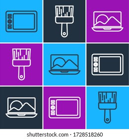 Set line Graphic tablet, Laptop and Paint brush icon. Vector