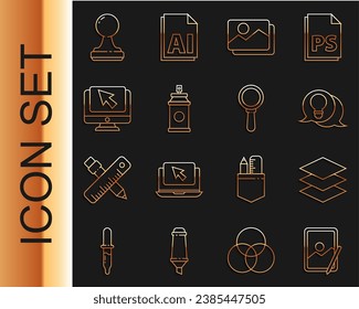 Set line Graphic tablet, Layers, Light bulb with concept of idea, Picture landscape, Paint spray can, Computer monitor cursor, Stamp and Magnifying glass icon. Vector