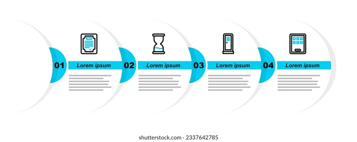 Set line Graphic tablet, Locker or changing room, Old hourglass and Certificate template icon. Vector