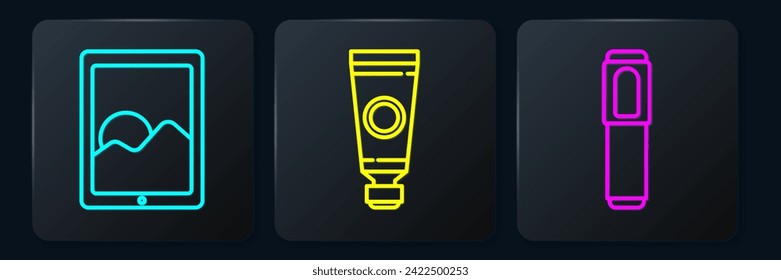 Set line Graphic tablet, Marker pen and Tube with paint palette. Black square button. Vector