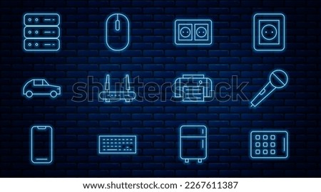 Set line Graphic tablet, Microphone, Electrical outlet, Router and wi-fi signal, Car, Server, Data, Web Hosting, Printer and Computer mouse icon. Vector