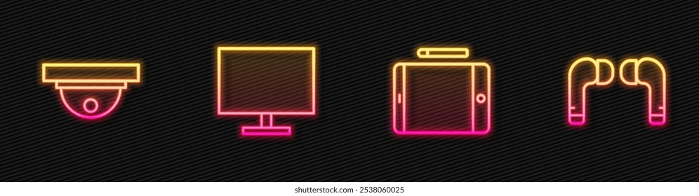 Set line Tableta gráfica, Sensor de movimiento, Pantalla de monitor de ordenador y Auriculares de aire. Icono de neón brillante. Vector
