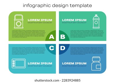 Fijar línea Comprimido gráfico, Cubo de pintura, Pintura, Gouache, Frasco, tinte y Paint spray. Plantilla de infografía empresarial. Vector