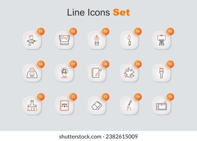 Set line Graphic tablet, Paint brush, Eraser or rubber, Computer with design program, spray and Notebook icon. Vector