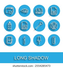 Set line Graphic tablet, Paint brush, Web design and development, Push pin, Ruler, AI file document, Computer monitor gear and Magic wand icon. Vector