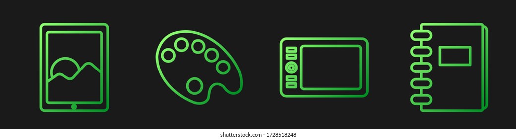 Set line Graphic tablet, Graphic tablet, Palette and Spiral notebook. Gradient color icons. Vector