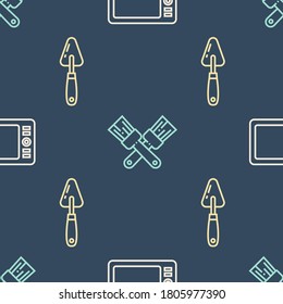 Set line Graphic tablet, Palette knife and Crossed paint brush on seamless pattern. Vector
