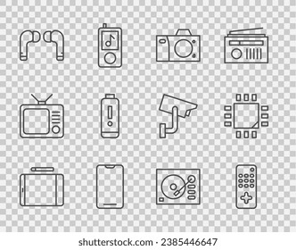 Set line Graphic tablet, Remote control, Photo camera, Smartphone, mobile phone, Air headphones, Battery charge level indicator, Vinyl player and Processor with microcircuits CPU icon. Vector