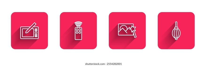 Set line Graphic tablet, Remote control for camera, Photo retouching and Dust blower with long shadow. Red square button. Vector